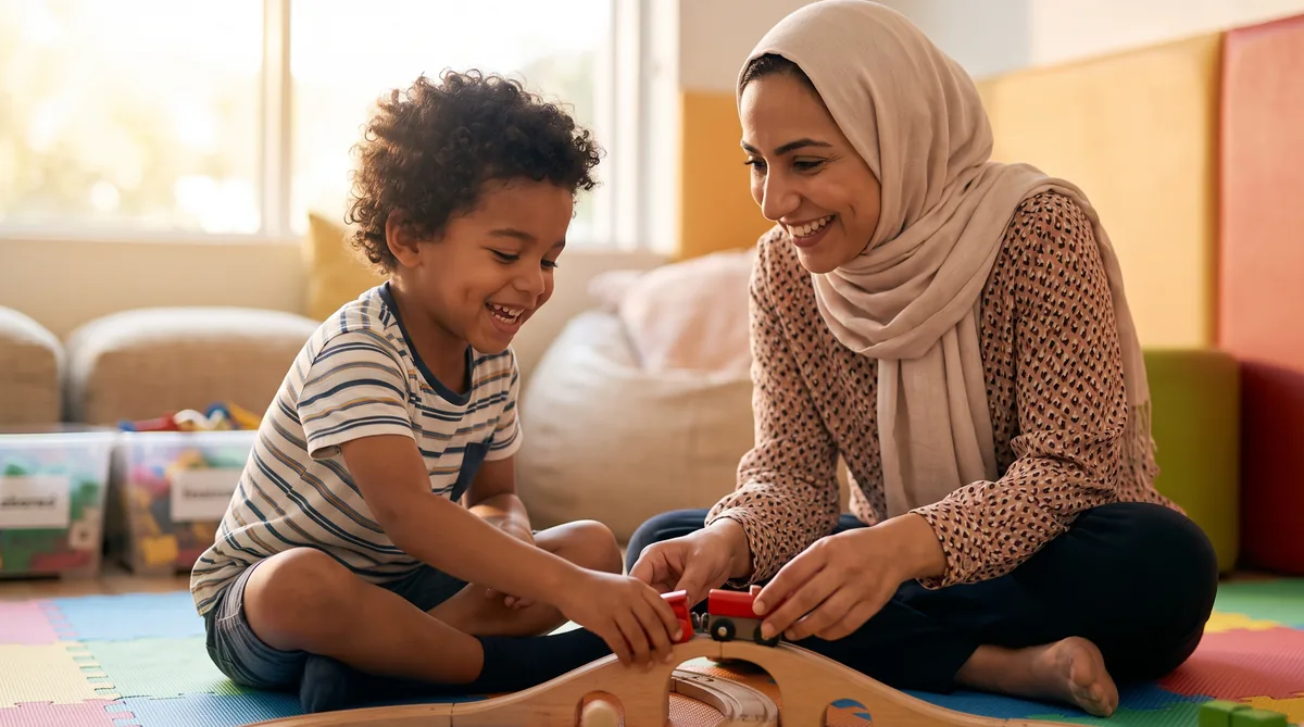 A woman and a boy sharing a wooden train activity on a floor mat.