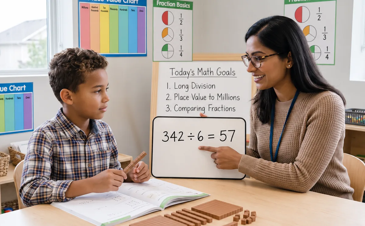 A woman and a boy working on a maths lesson with a whiteboard, workbook and counting materials.