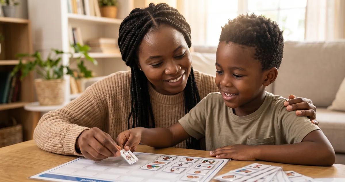 A woman and a boy choosing a picture card together at a table.