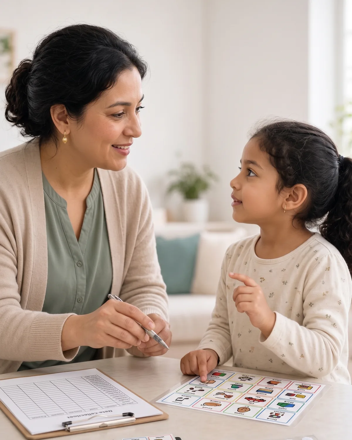 A woman listening to a girl who gestures beside a picture communication board.