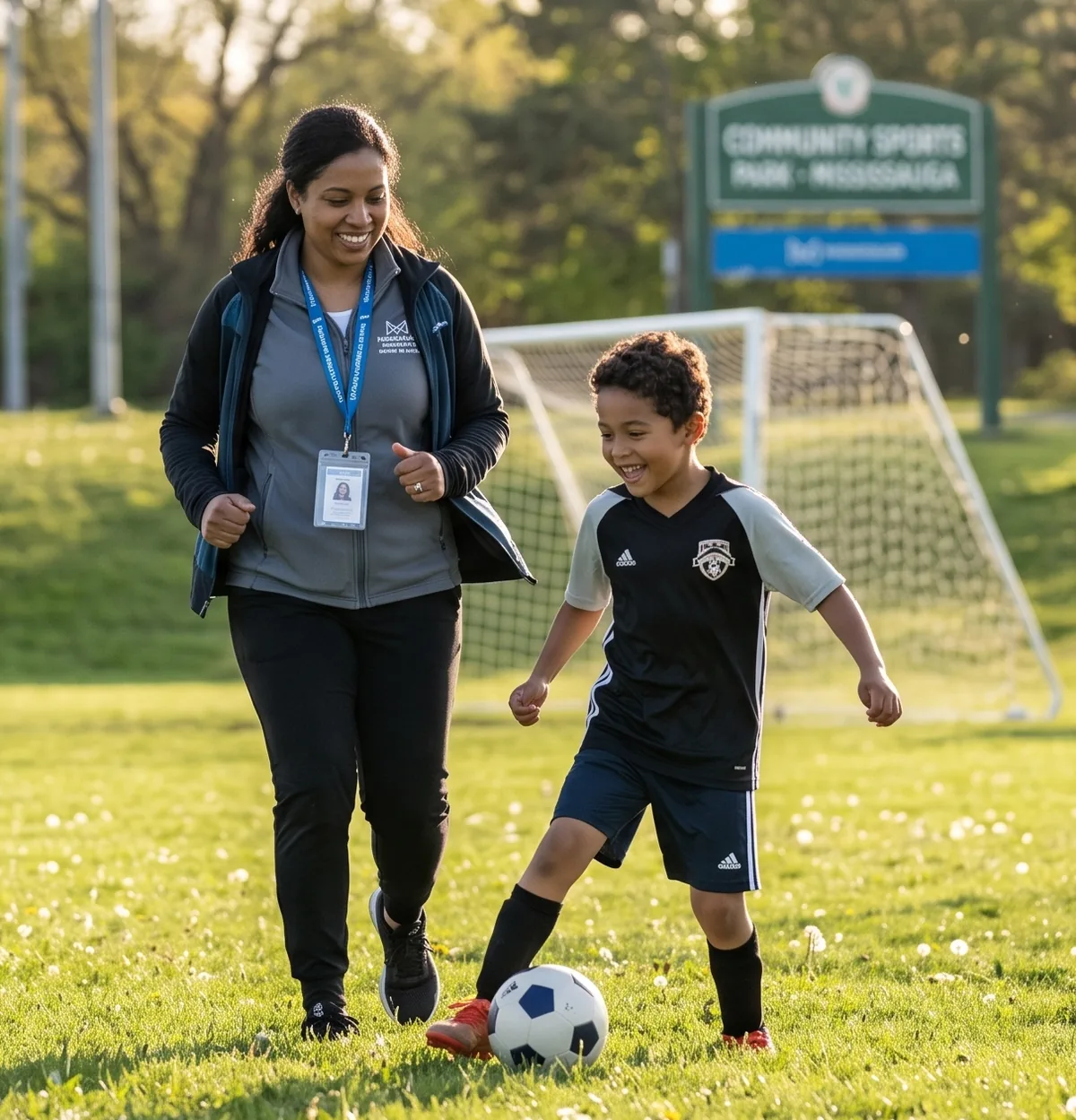 A woman and a boy moving together with a soccer ball on a grassy field.