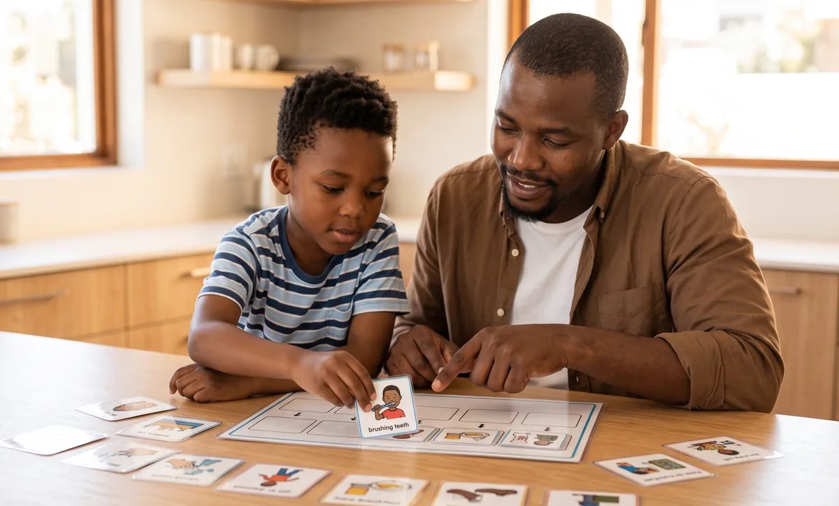 A man and a boy arranging visual routine cards, including a brushing-teeth card.