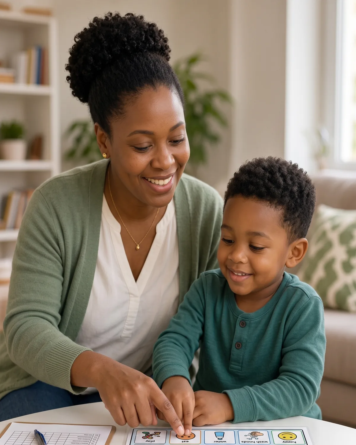 A woman and a boy in green and teal pointing to picture cards together.