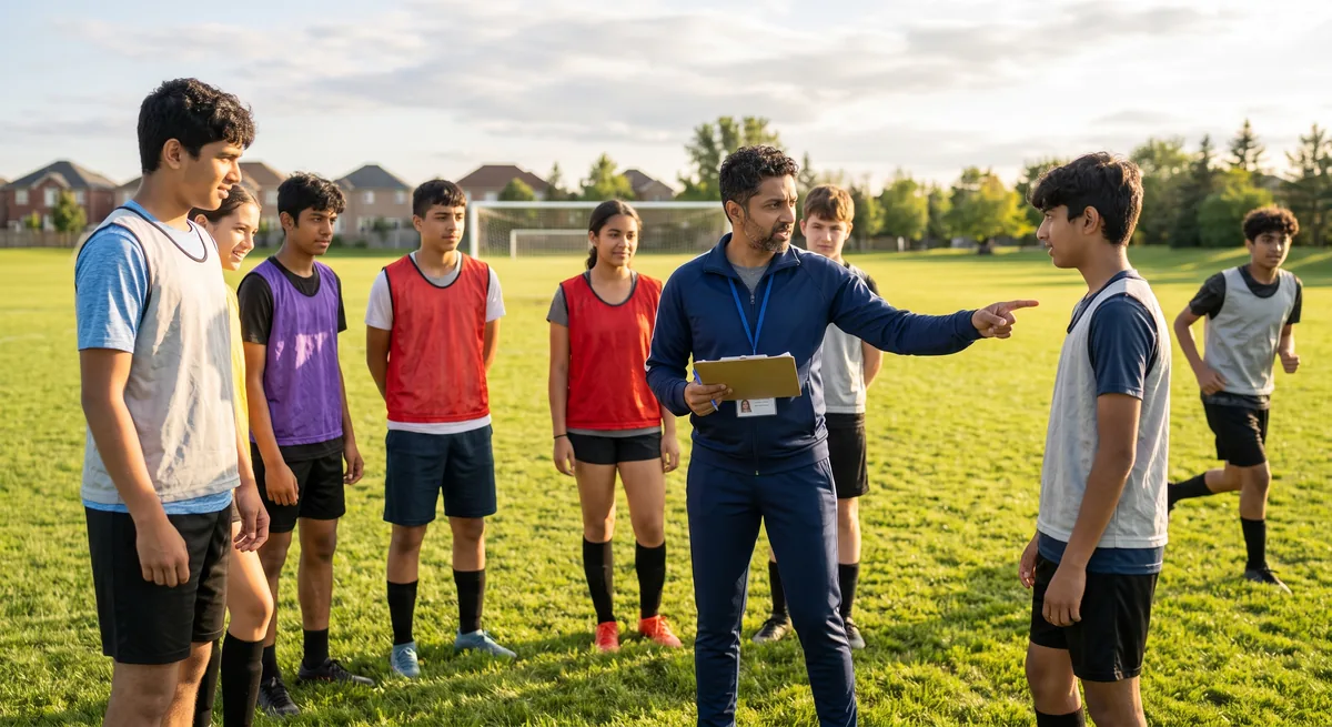 An adult speaking with a group of young people wearing sports bibs on an outdoor playing field.