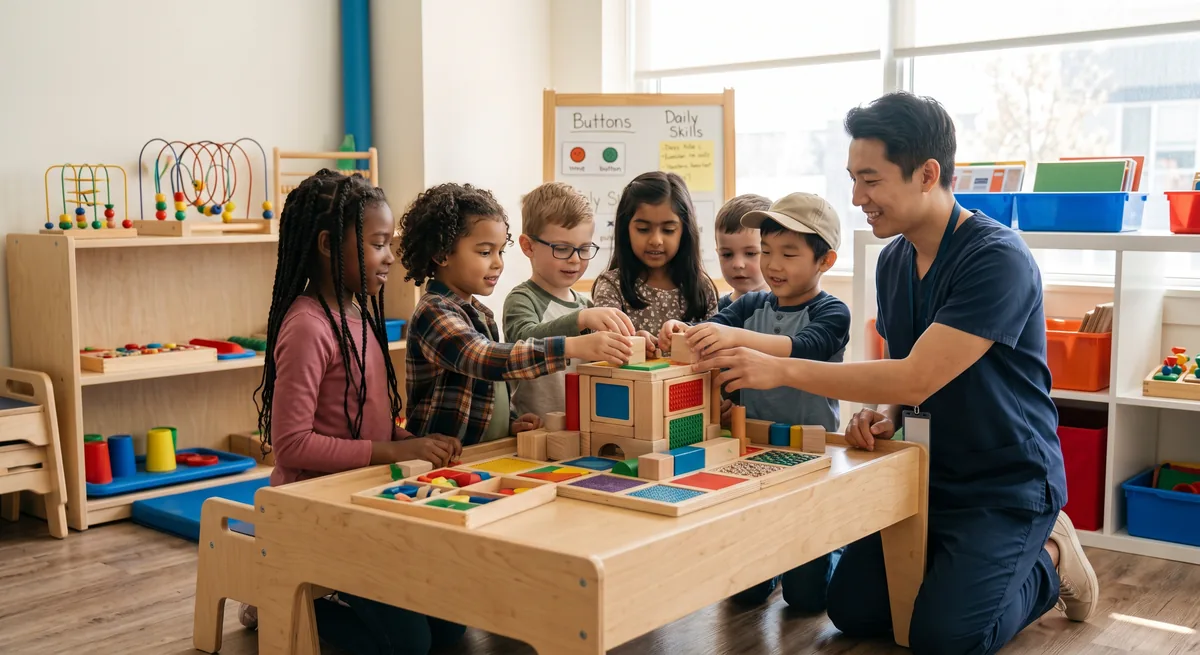 Children and an adult building together with wooden blocks around an activity table.