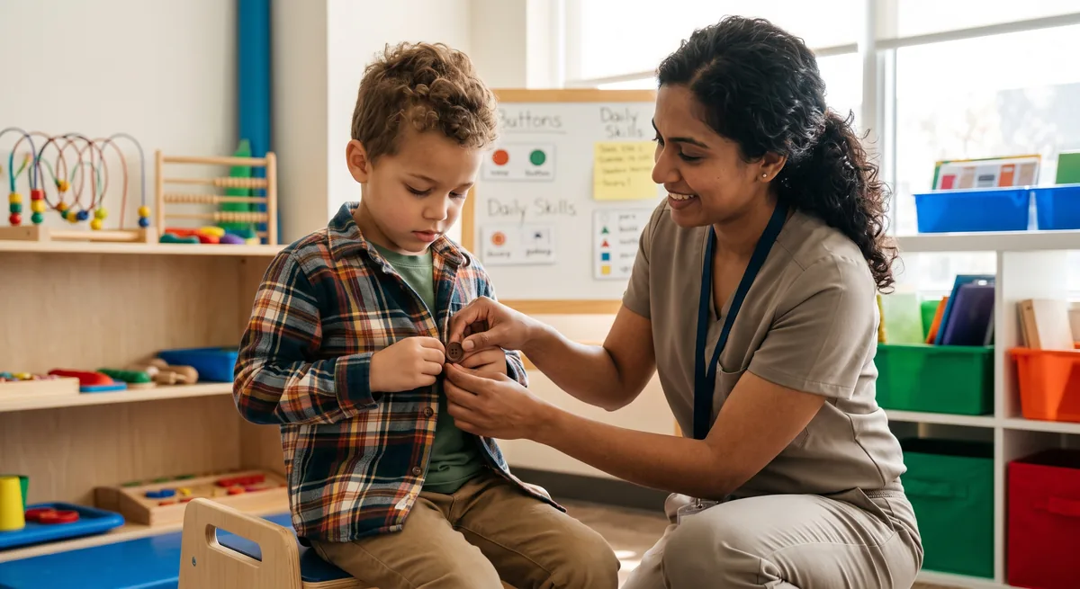 A woman helping a boy practise fastening a button on his shirt.